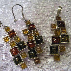 Baltic Amber Earrings And Pendant Multicolor Modernistic Sterling Silver Poland